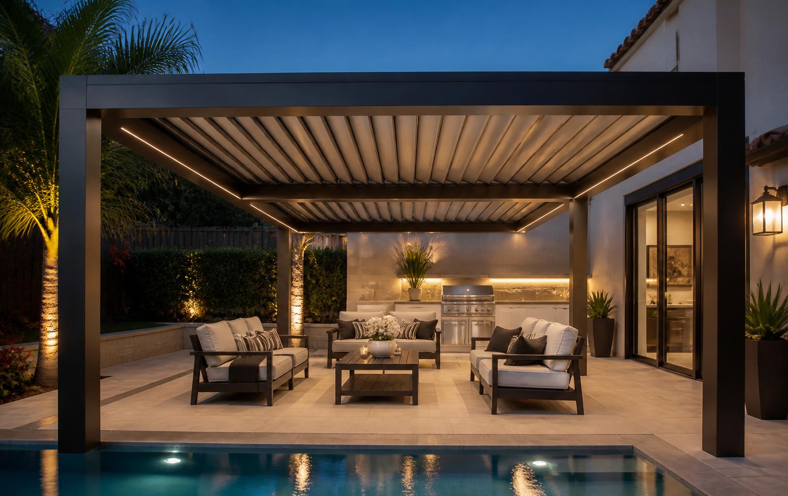 Fully motorized louvered patio cover with built-in gutter and integrated lighting over a poolside patio