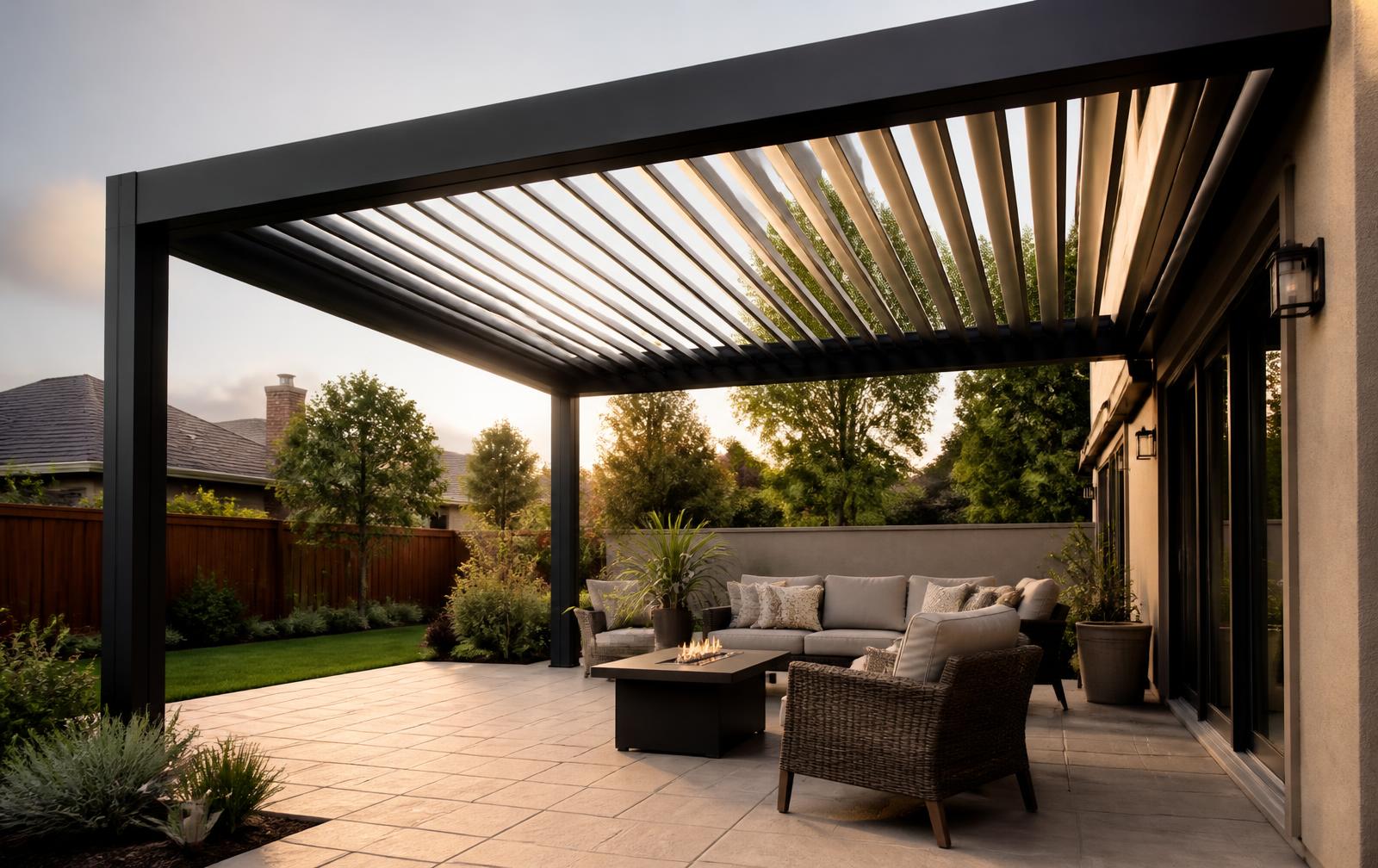 A photograph showing a motorized patio cover with adjustable louvers installed on a home.