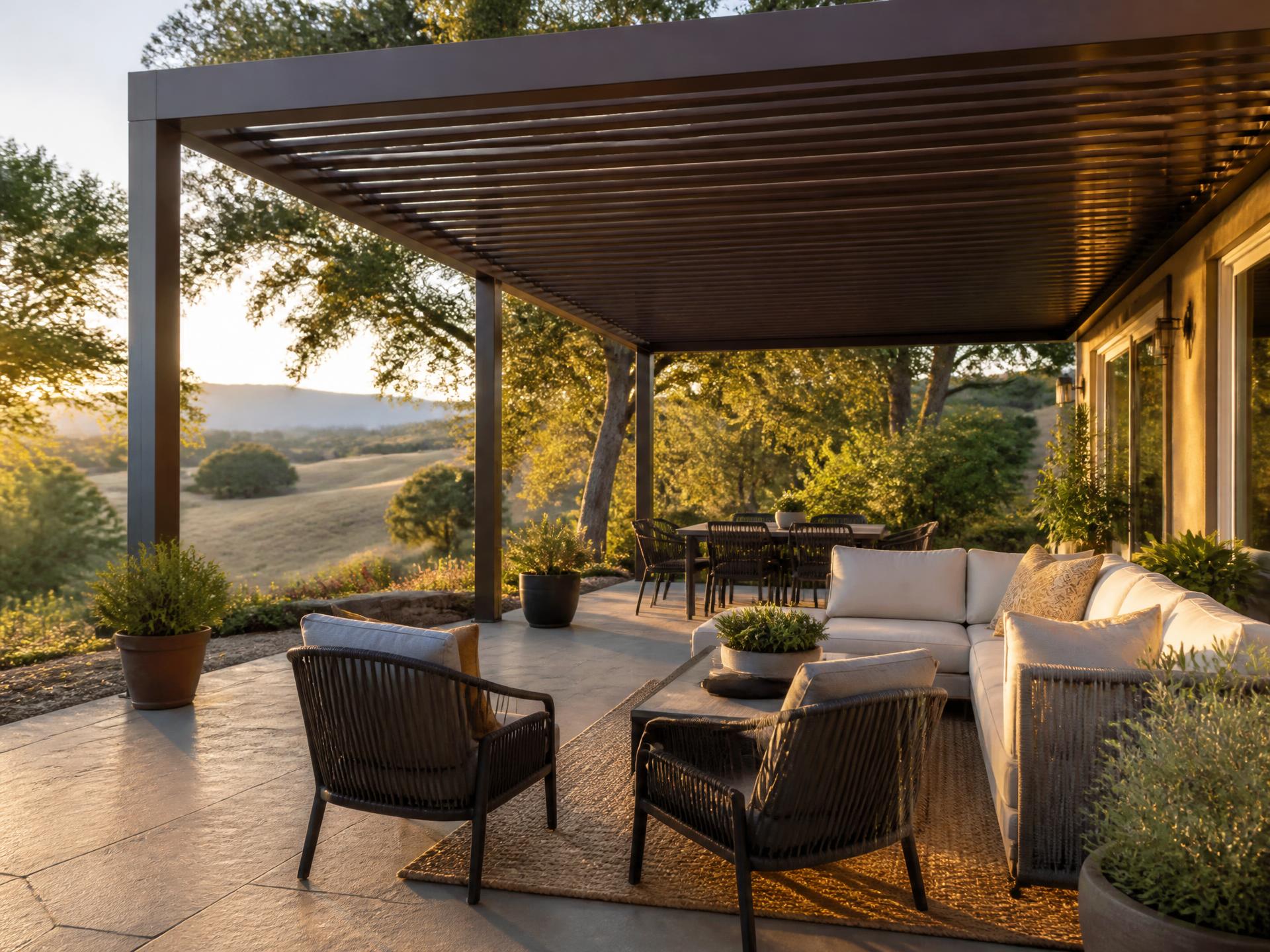 Adjustable louvered aluminum patio cover with bronze and white finish options on a Ahwahnee, CA home