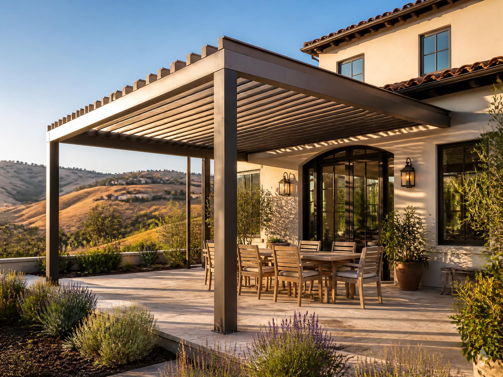 Adjustable louvered aluminum patio cover with bronze and white finish options on a Tesoro Viejo, CA home