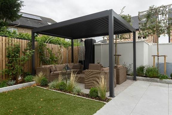 Modern backyard with stylish louvered patio covers for outdoor living