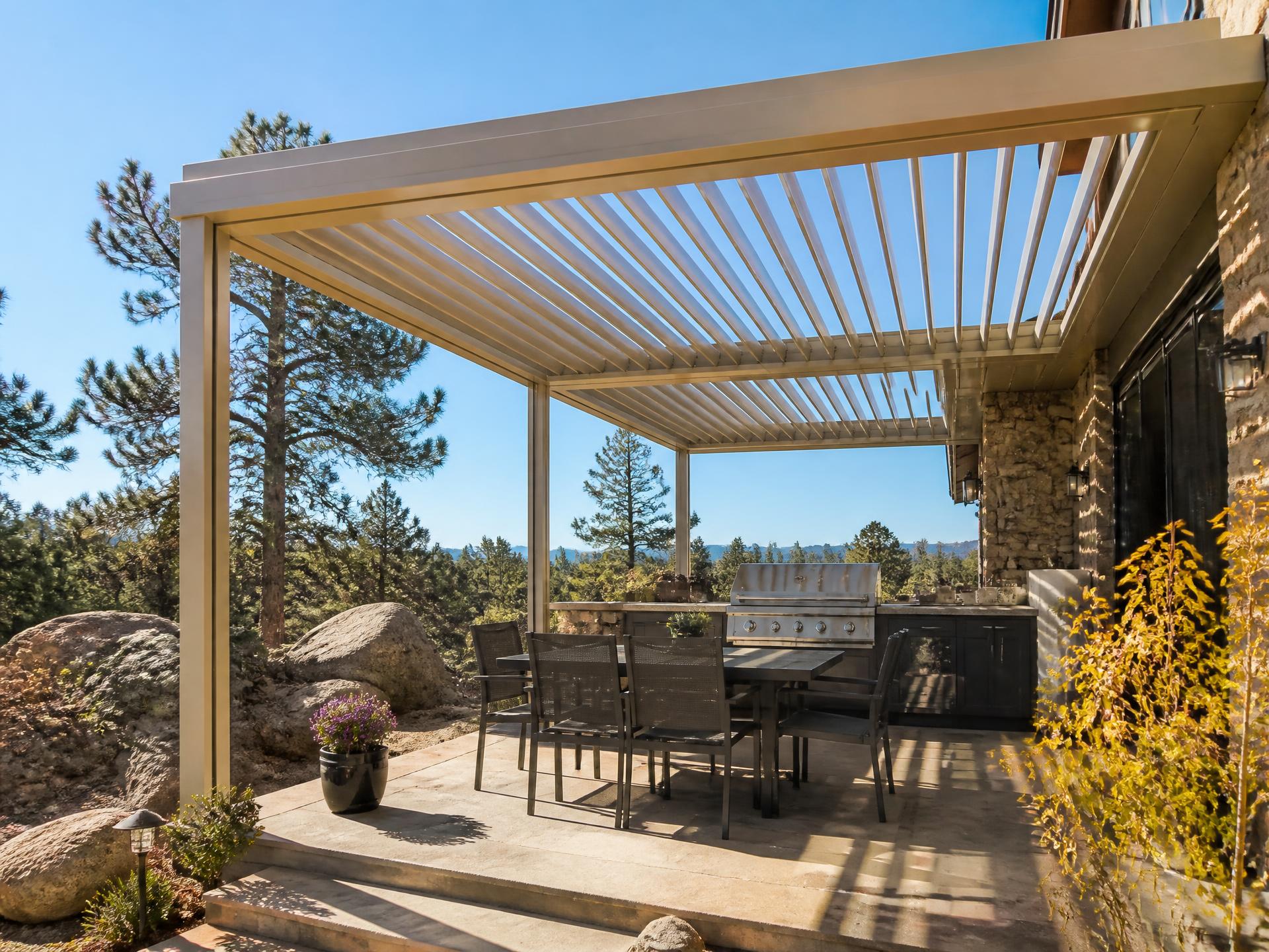 Custom louvered aluminum patio cover installed on a home in Prather, CA
