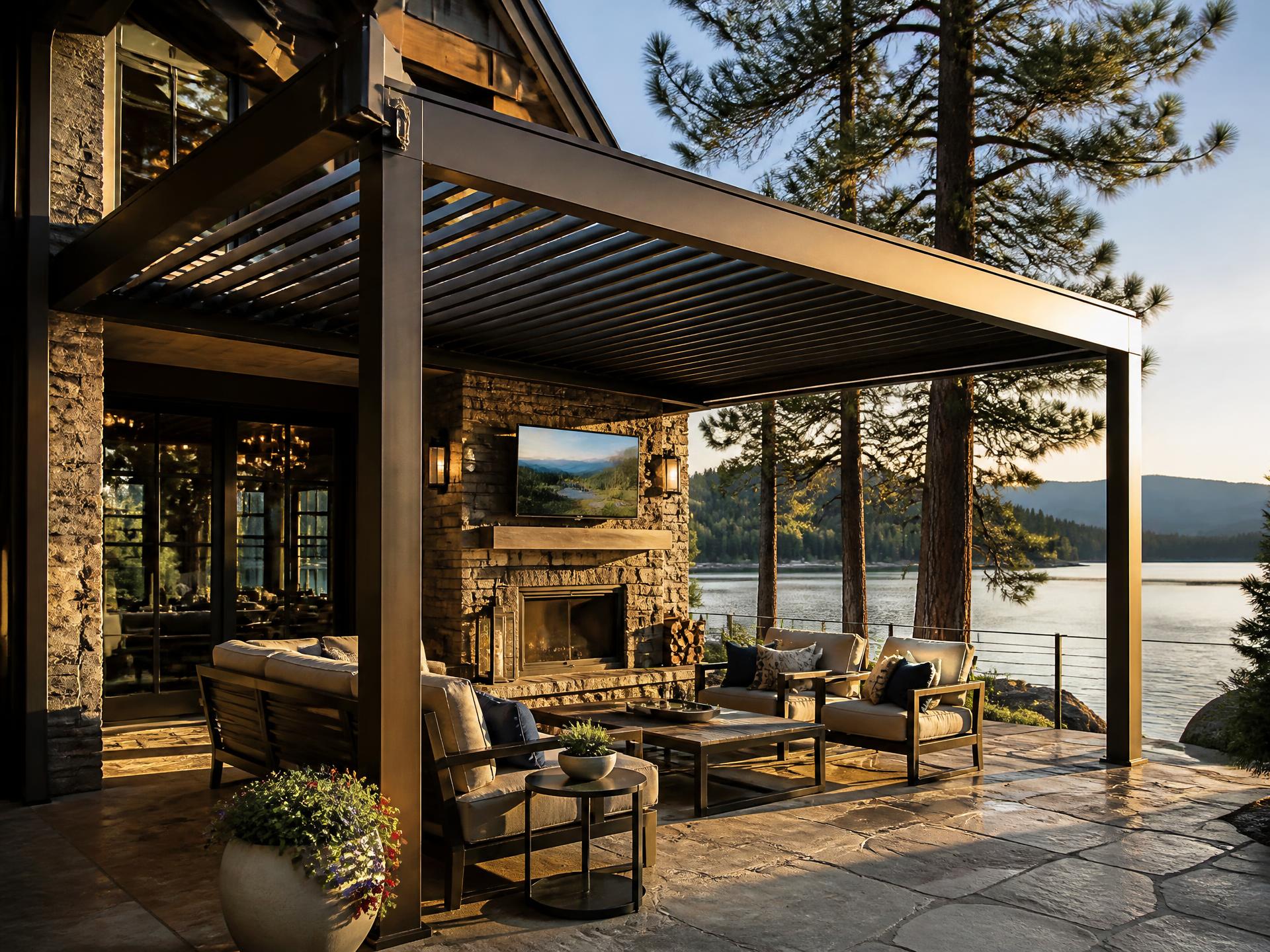 Adjustable louvered aluminum patio cover with bronze and white finish options on a Bass Lake, CA home
