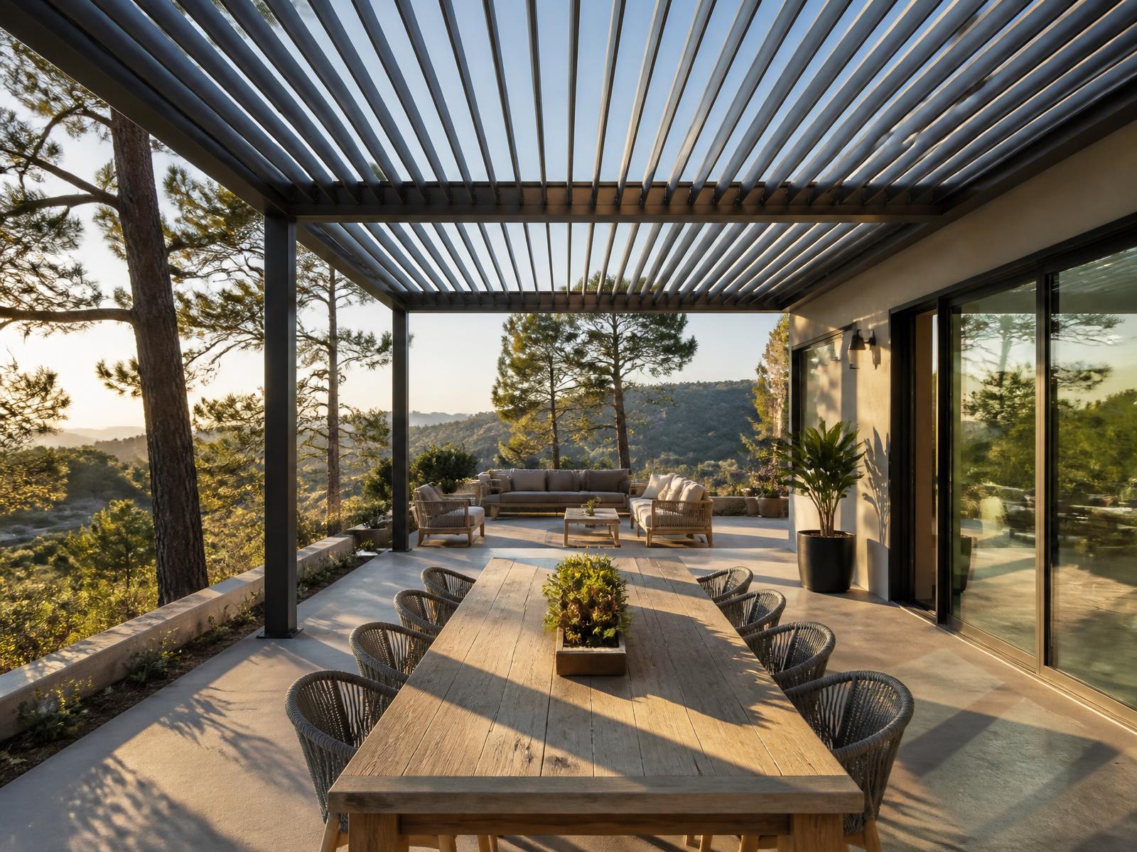 Adjustable louvered aluminum patio cover with bronze and white finish options on a North Fork, CA home