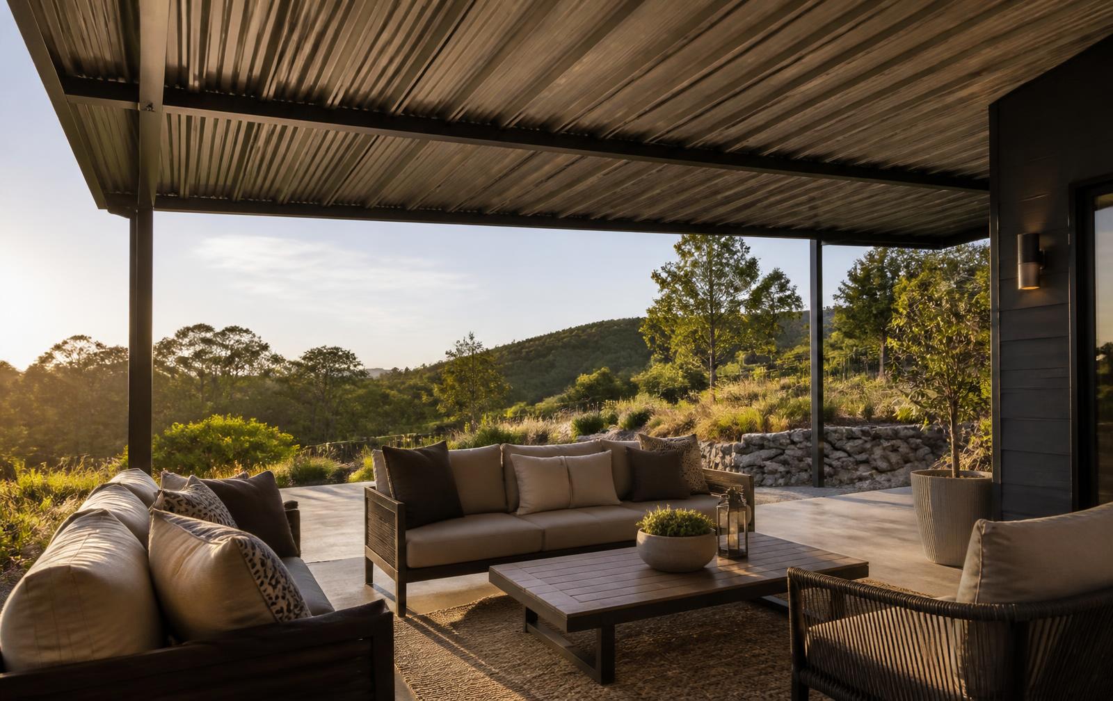 Roof-Mounted metal patio cover shading an outdoor seating area