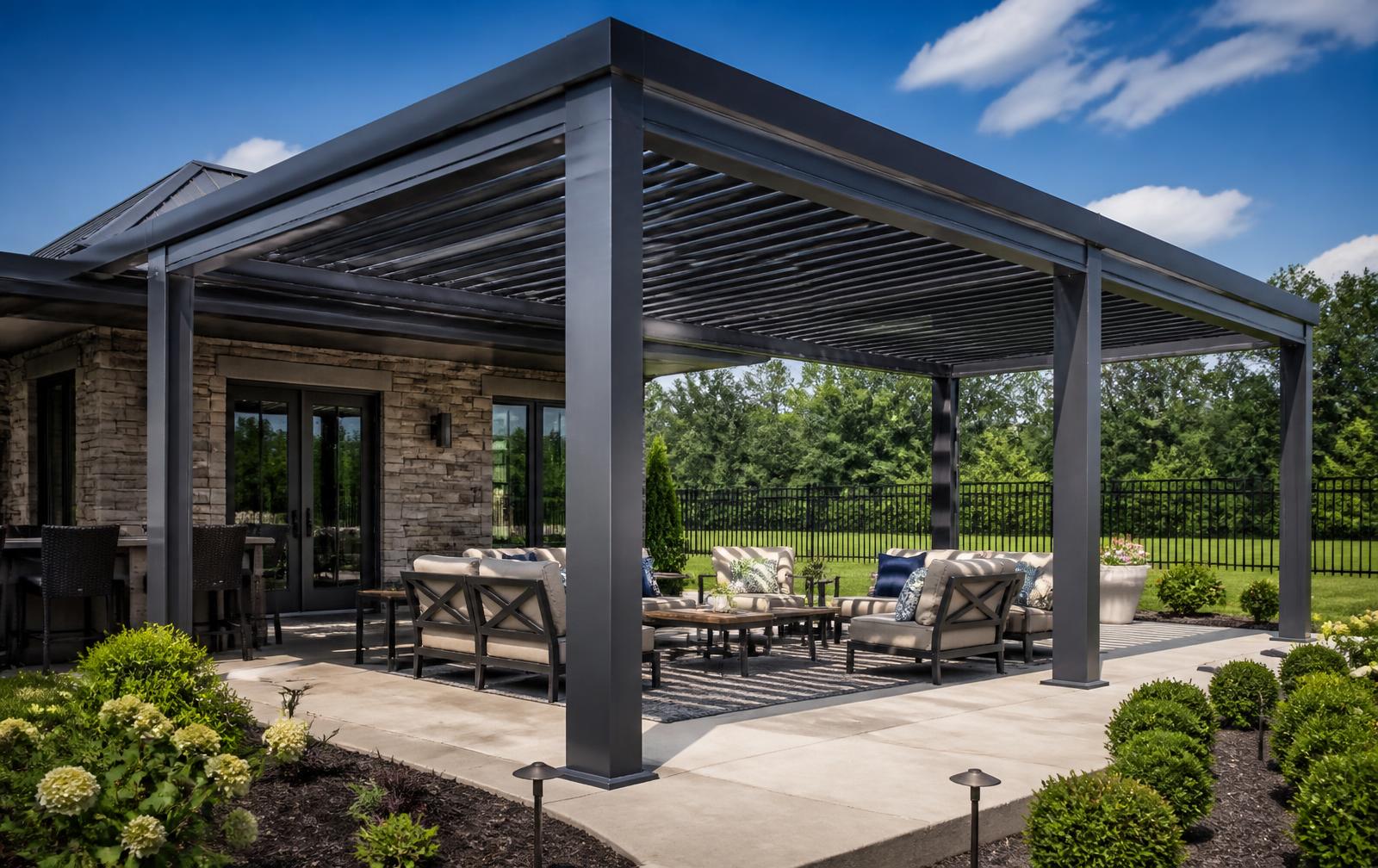 Pergola-style structure installed by a professional patio roof installer in Fowler
