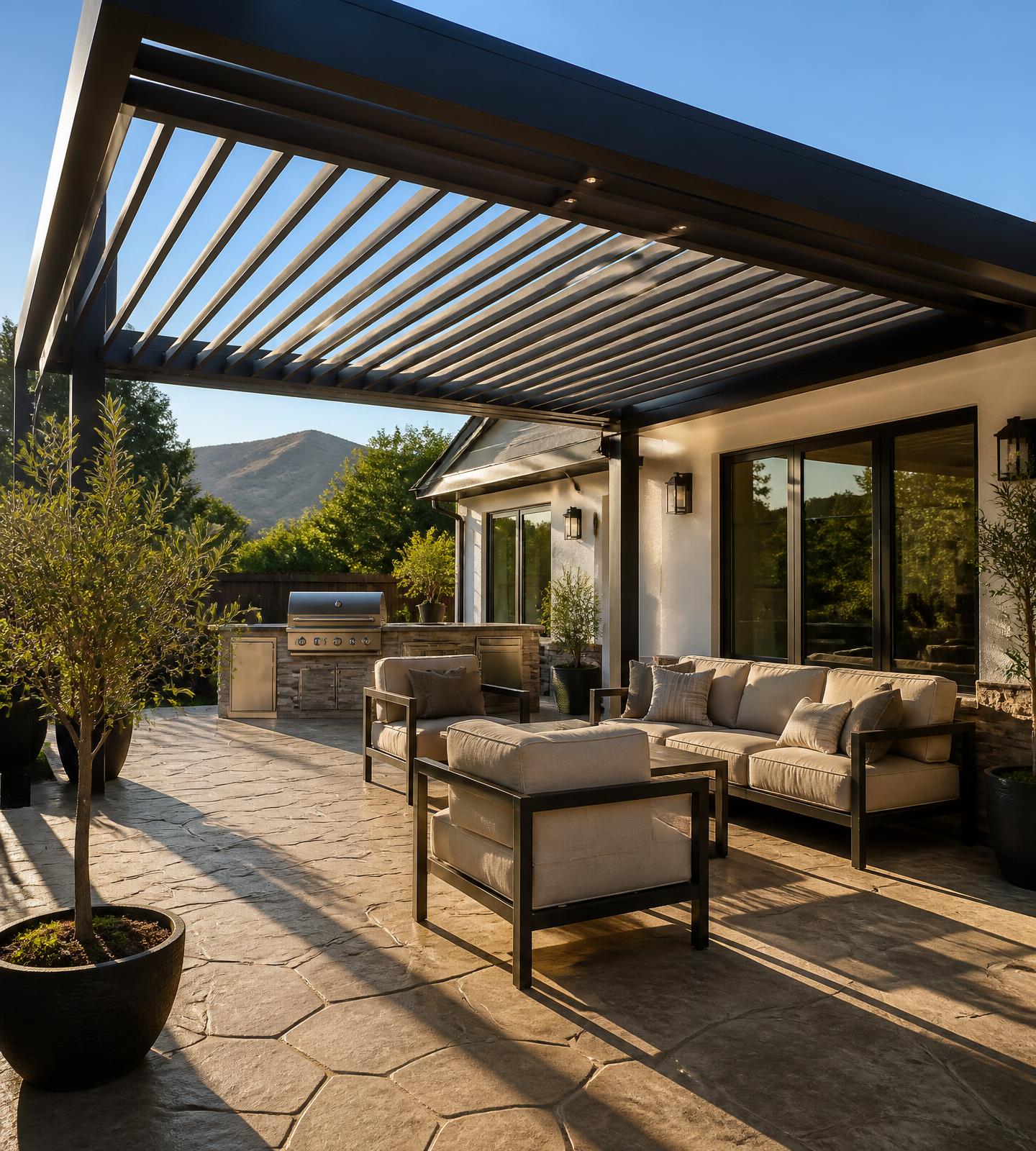 Adjustable louvered aluminum patio cover installed on a Sanger, CA home