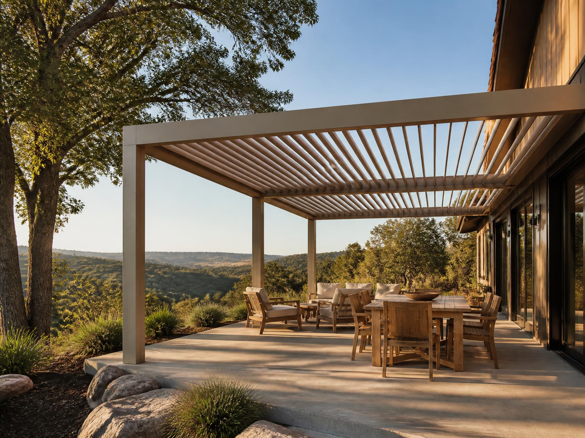 Custom louvered aluminum patio cover installed on a home in Auberry, CA