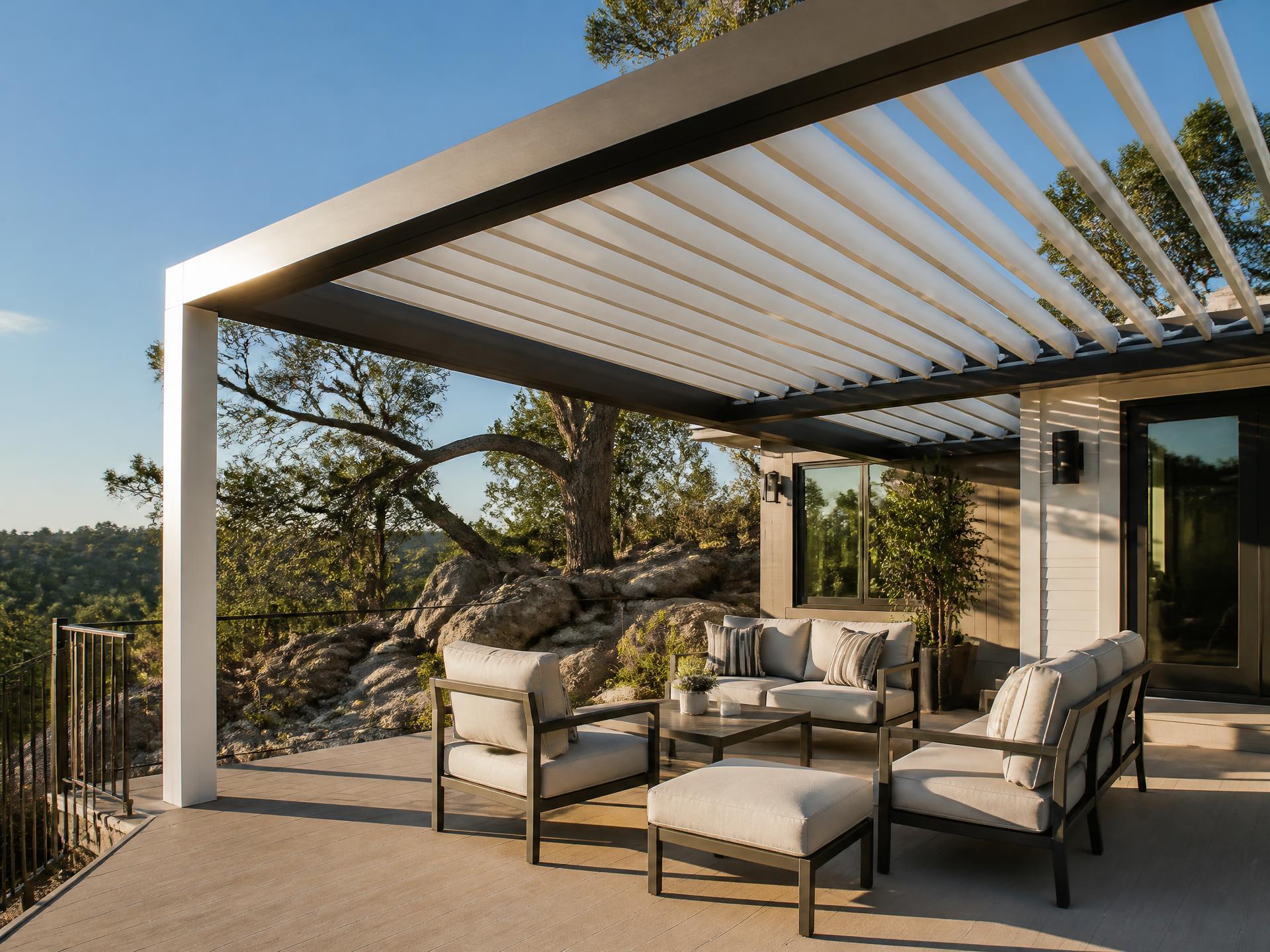 Adjustable louvered aluminum patio cover with bronze and white finish options on a Tollhouse, CA home
