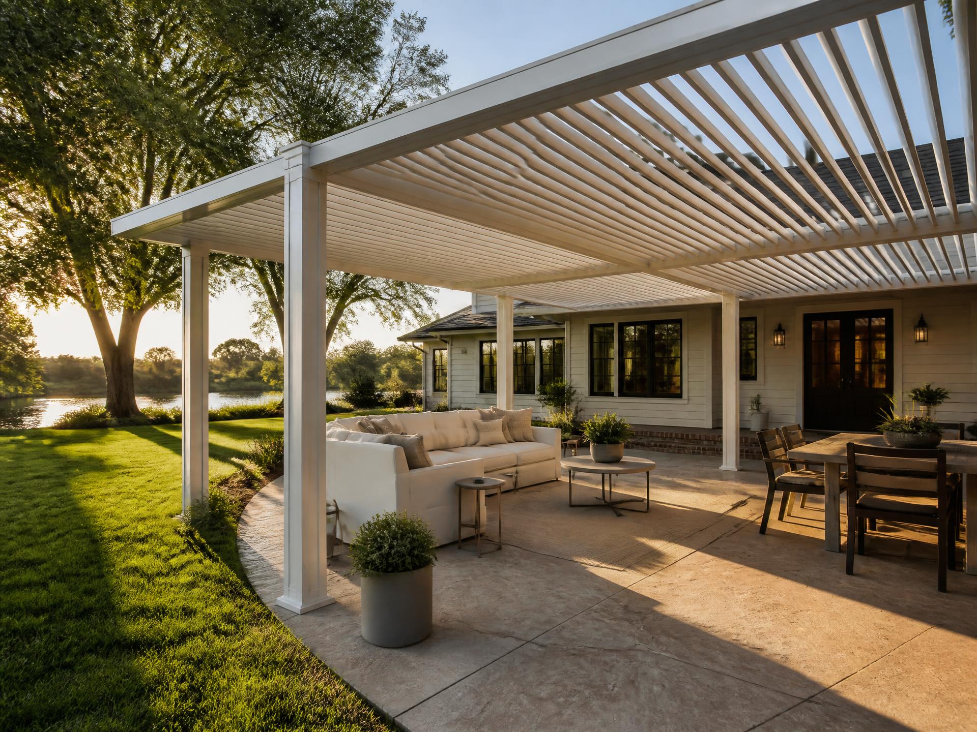 Custom louvered aluminum patio cover installed on a home in Reedley, CA