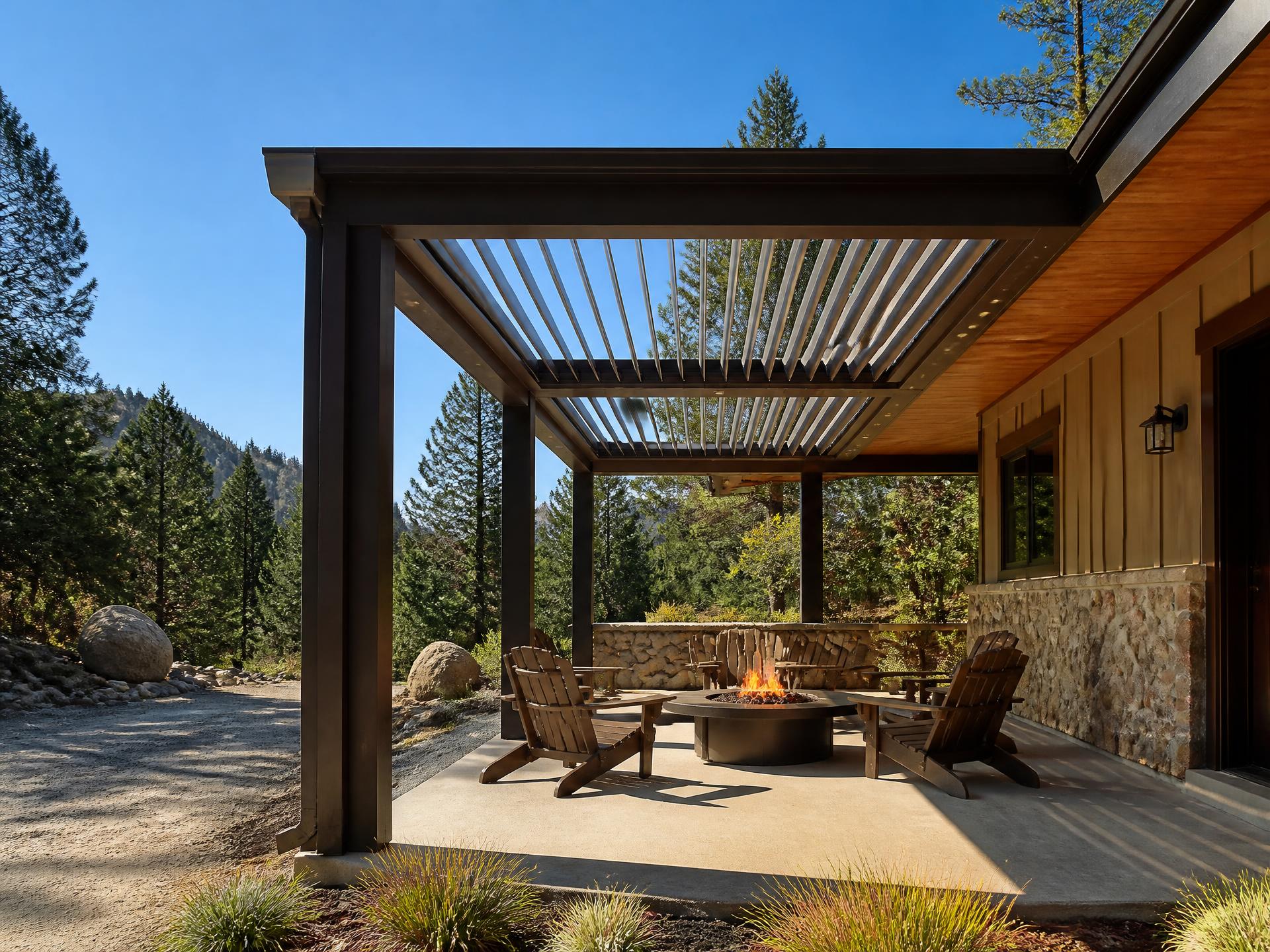 Custom louvered aluminum patio cover installed on a home in Tollhouse, CA