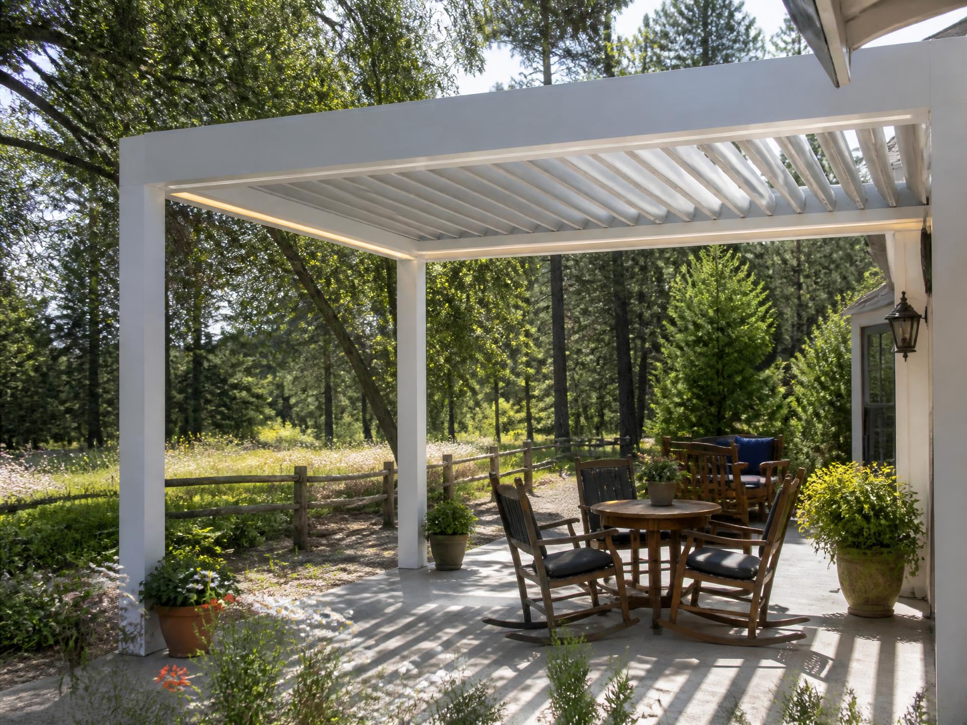 Custom louvered aluminum patio cover installed on a home in Ahwahnee, CA