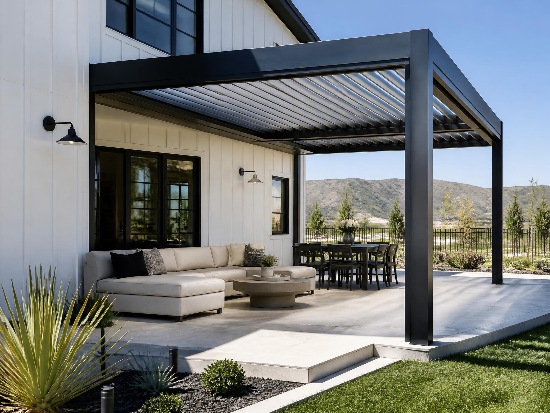 Custom louvered aluminum patio cover installed on a home in Tesoro Viejo, CA