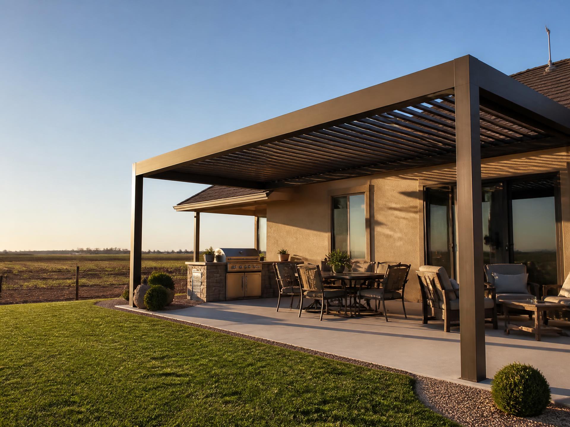 Custom louvered aluminum patio cover installed on a home in Kerman, CA