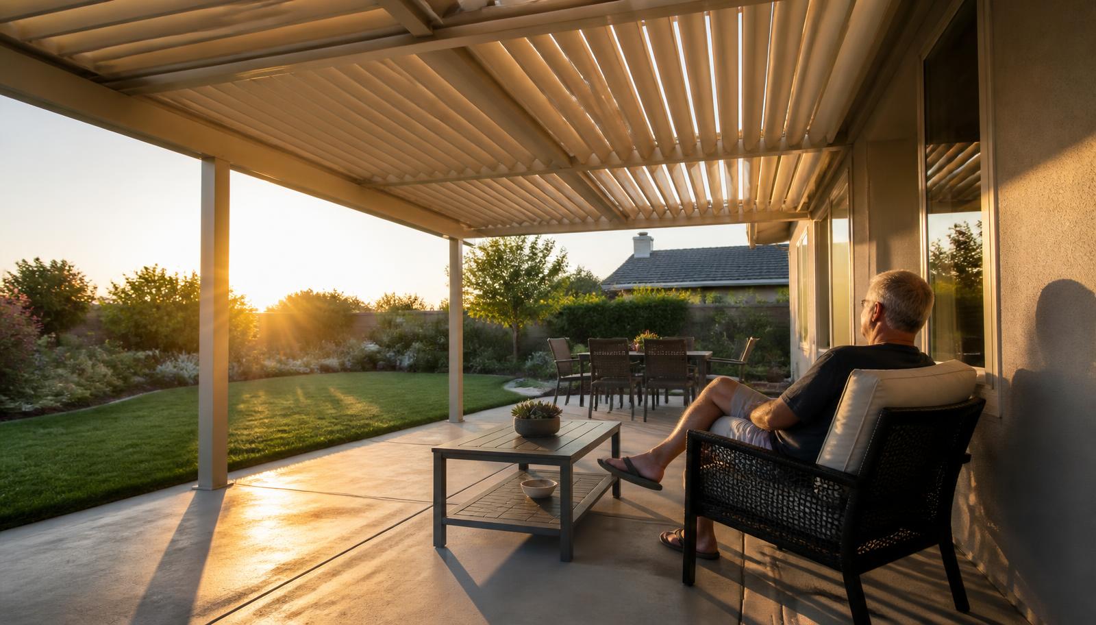 Late afternoon sun on a west-facing California patio shaded by an adjustable louvered cover.